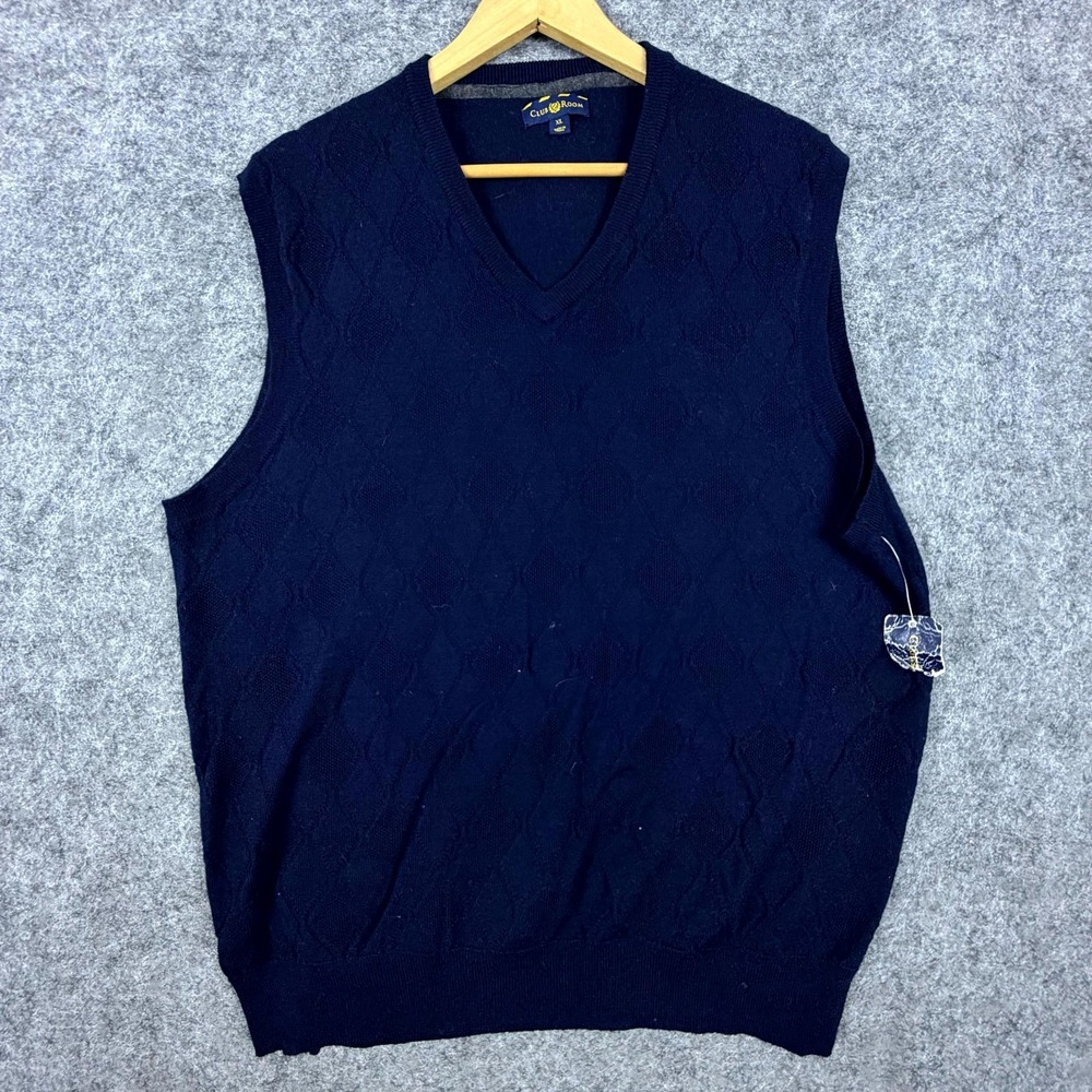 Club Room Sweater Vest Mens XL Blue Argyle Diamond Ribbed Hem V-Neck Pullover